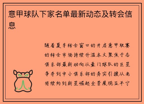 意甲球队下家名单最新动态及转会信息